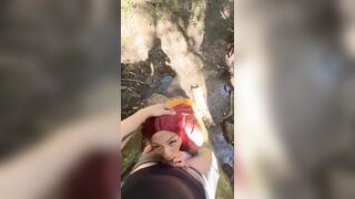 Camper finds an elf in the forest and makes a decision to convince her to have sex behind a tree