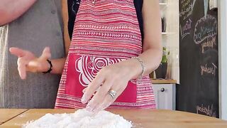 Sexy wife with astounding natural titties gets her twat filled whilst working in the kitchen.