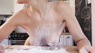 Sexy wife with astounding natural titties gets her twat filled whilst working in the kitchen.