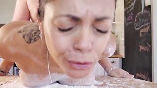 Sexy wife with astounding natural titties gets her twat filled whilst working in the kitchen.