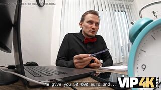 VIP4K. Hot eighteen-year-Old Brunette hair gets drilled Hard in the Office to secure a Loan