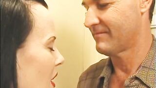 Leggy Brunette hair with Great Bazookas Drilled in Her Curly Twat After Blow Job on Sofa