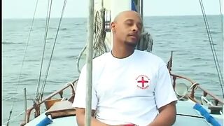Pair of valuable black women are doing one dick on the deck of sailing ship