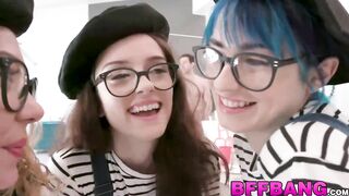 Teen besties are painting large schlongs but get their faces painted with cum instead after hardcore foursome pounding and schlong deepthroating.