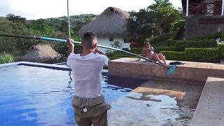 Colombian mother I'd like to fuck Black Bangs My Spouse's Youthful Worker Outdoors by the Pool at Her Abode