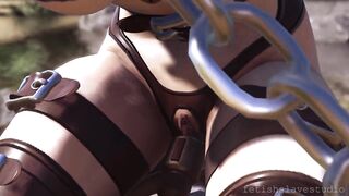heavy rubber man bondage and fuck with his three latex siste