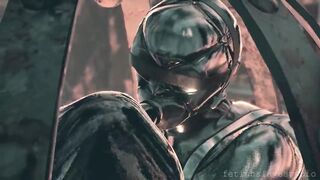 heavy rubber man bondage and fuck with his three latex siste
