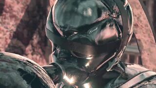 heavy rubber man bondage and fuck with his three latex siste