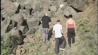 Experimental bi-sexual three-some embark on a cum quest in the mountains