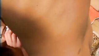 Brunette hair takes facial after gagging mutant schlong in the abode