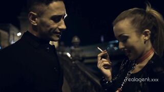 Whore blows lengthy jock at night and gets her face sprayed with cum