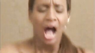 Black angel takes a load on her face and chest after taking a white shlong