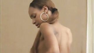 Black angel takes a load on her face and chest after taking a white shlong