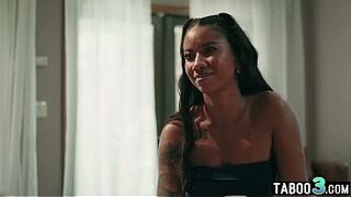 Wicked ebony babe taking care of her stepfathers saturated balls