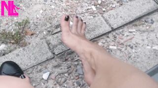 Shoeplay with Ebony Leather Flats on Barefoot Outside