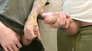 2 youthful lads suck and stroke thick dongs and cum on every other