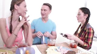 Slutty Girlfriends Cook Breakfast Then Tempt Well Hung Lad For Kitchen Sex