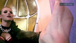 Stina Stone Femdom Feetworship Barefeet Licking Foot Gagging by German Headmistress in Leather Gloves Part 1