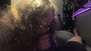 Virginal Corpulent white nerd hotty with glasses sucks wang and licks up the cum