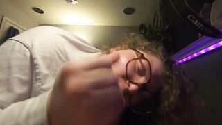 Virginal Corpulent white nerd hotty with glasses sucks wang and licks up the cum