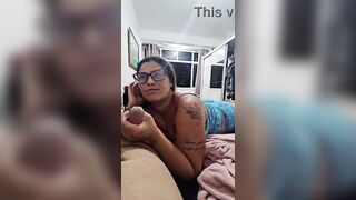 The redhead masturbates her spouse and tells him stories until this guy ejaculates in her throat.