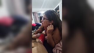 The redhead masturbates her spouse and tells him stories until this guy ejaculates in her throat.