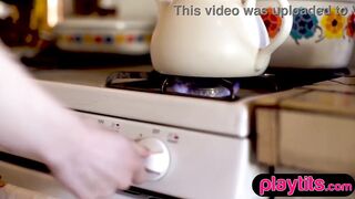 Slim golden-haired cutie disrobes and exposes her large titties and soaked butt