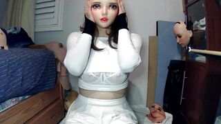 Manga Angel Happi Pt three! Female mask Happi angel unmasks from her doll mask Jill and plays with herself