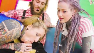 Nasty Tattooed Gals Double Anal – two Schlongs vs two Holes Facial Finish