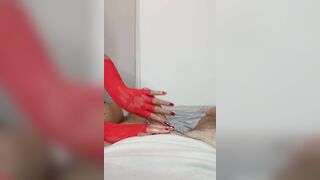Hawt Oriental masseuse give carnal Tugjob with Red Lace Fingerless Gloves & Red Nails - Edging Jerking off and Glans Massage POV