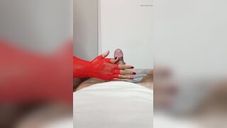 Hawt Oriental masseuse give carnal Tugjob with Red Lace Fingerless Gloves & Red Nails - Edging Jerking off and Glans Massage POV