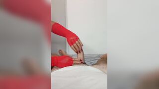 Hawt Oriental masseuse give carnal Tugjob with Red Lace Fingerless Gloves & Red Nails - Edging Jerking off and Glans Massage POV