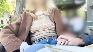 Teasing my spouse in a sheer shirt exposing large pierced nipps in oudoor coffee place