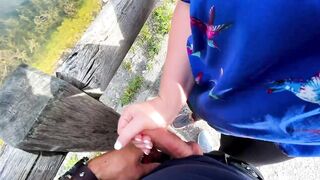Extraordinary risky public Tugjob on a high frequented Lake - Sloppy Tugjob and Jizz flow