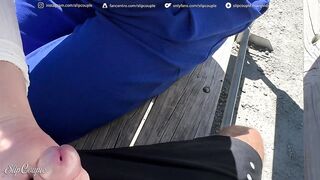 Public and risky, sloppy tugjob on a bench during hiking