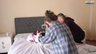 Backstage! Sasha Paige and Kwini Kim in Hardcore Trio Porn with Their Stepfather!