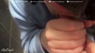 Cute Playgirl give Oral pleasure in Public WC after flawless Tugjob underneath the Table - Fast Food Restaurant