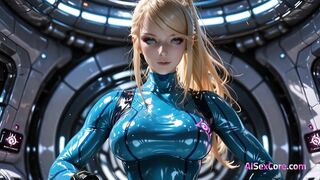 Floating above metal floors Samus straddles hard her taut body turning zero gravity into perspired hawt sex (AI)