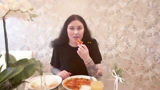 Miss Ffw Eating Cheese Pizza and Doughballs