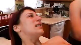 Leather pants mistress humiliates and spanks her slave