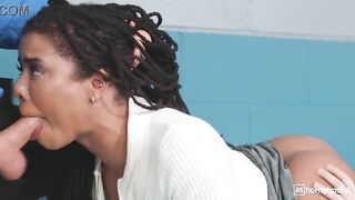 Black Honey with Dreads and Breasty Redhead Take Turns Blowing a Hairless Guard at the Hostel