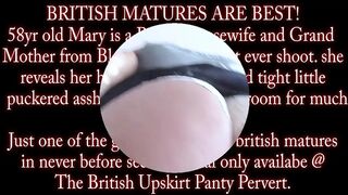 The nice-looking British granny lifts her petticoat and shows off her hirsute twat and taut, aged butt.