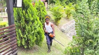The gardener's large ebony wang slips unfathomable into his boss's sexy snatch black mother I'd like to fuck Carla Morelli outdoors