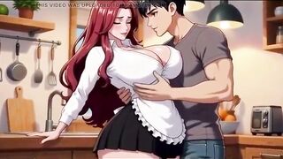 Large breasts stepmom enticed by stepson in kitchen