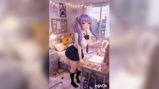 Manga shoolgirl Cosplay mastubrates in couch, Violet hair