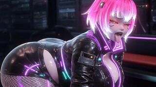 Futuristic Pink Hair Android Gal Groaning & Squeezing Glowing Boobs