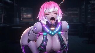 Futuristic Pink Hair Android Gal Groaning & Squeezing Glowing Boobs