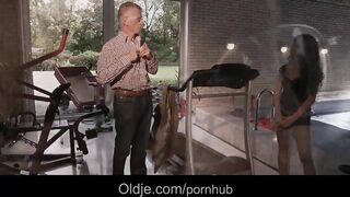 Lewd grandpa and bang youthful brunette hair at gym