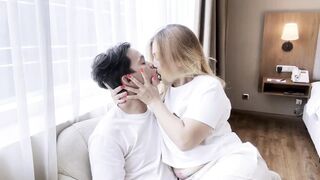 My Stepmom Sharing Couch in Hotel Room and Screw so Sexy Creampie