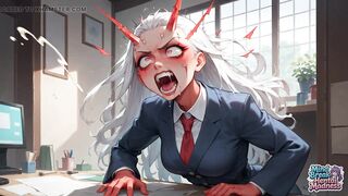 A White-haired Manager in a Costume Is Surrounded by a Storm of Red Dildos, Creating an Epic XXX Porn Scene